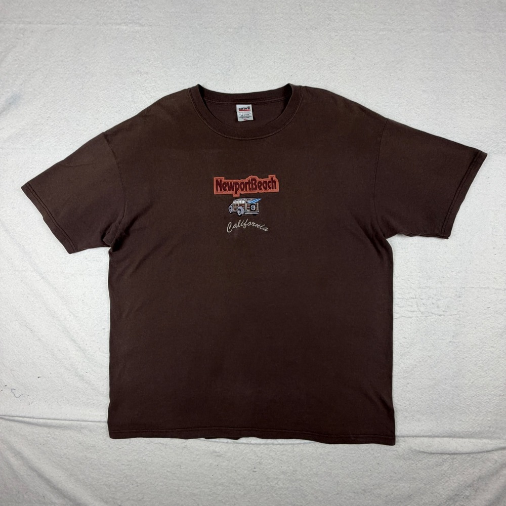 Vintage Anvil Newport Beach California T-Shirt XL Brown Woody Wagon Surf Tee
